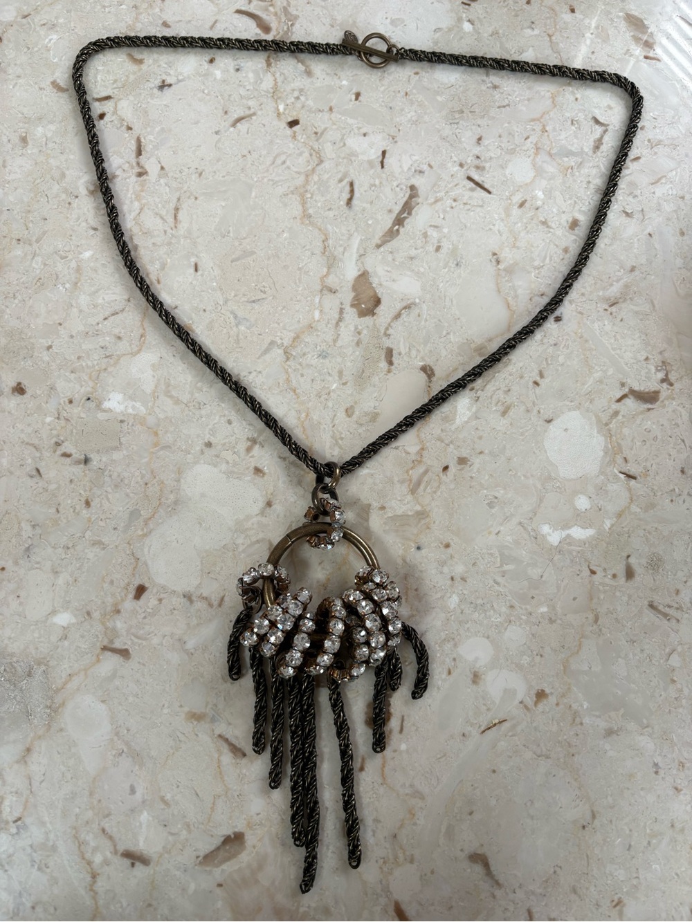 Rhodium-Tone Fringe Pendant Necklace with Clear Crystal Accents
